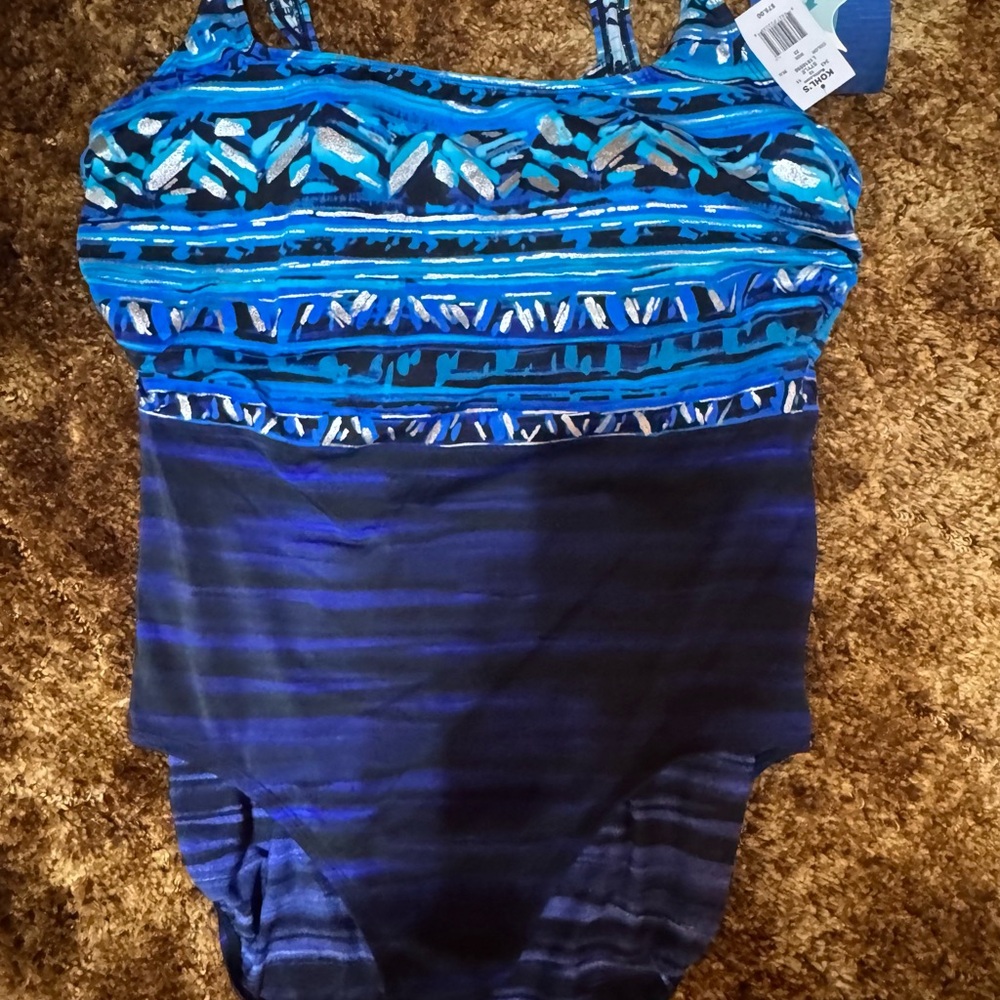 Great Lengths Blue and Black Patterned One Piece Swimsuit- New with Tags
